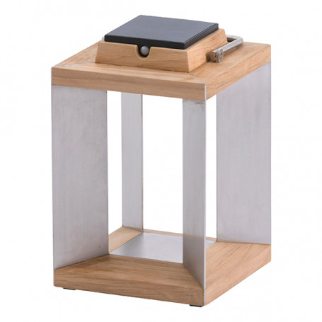 Lanterne LED solaire Teckinox en teck et acier inox - Les Jardins